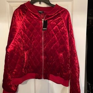 Red velvet quilted bomber style jacket